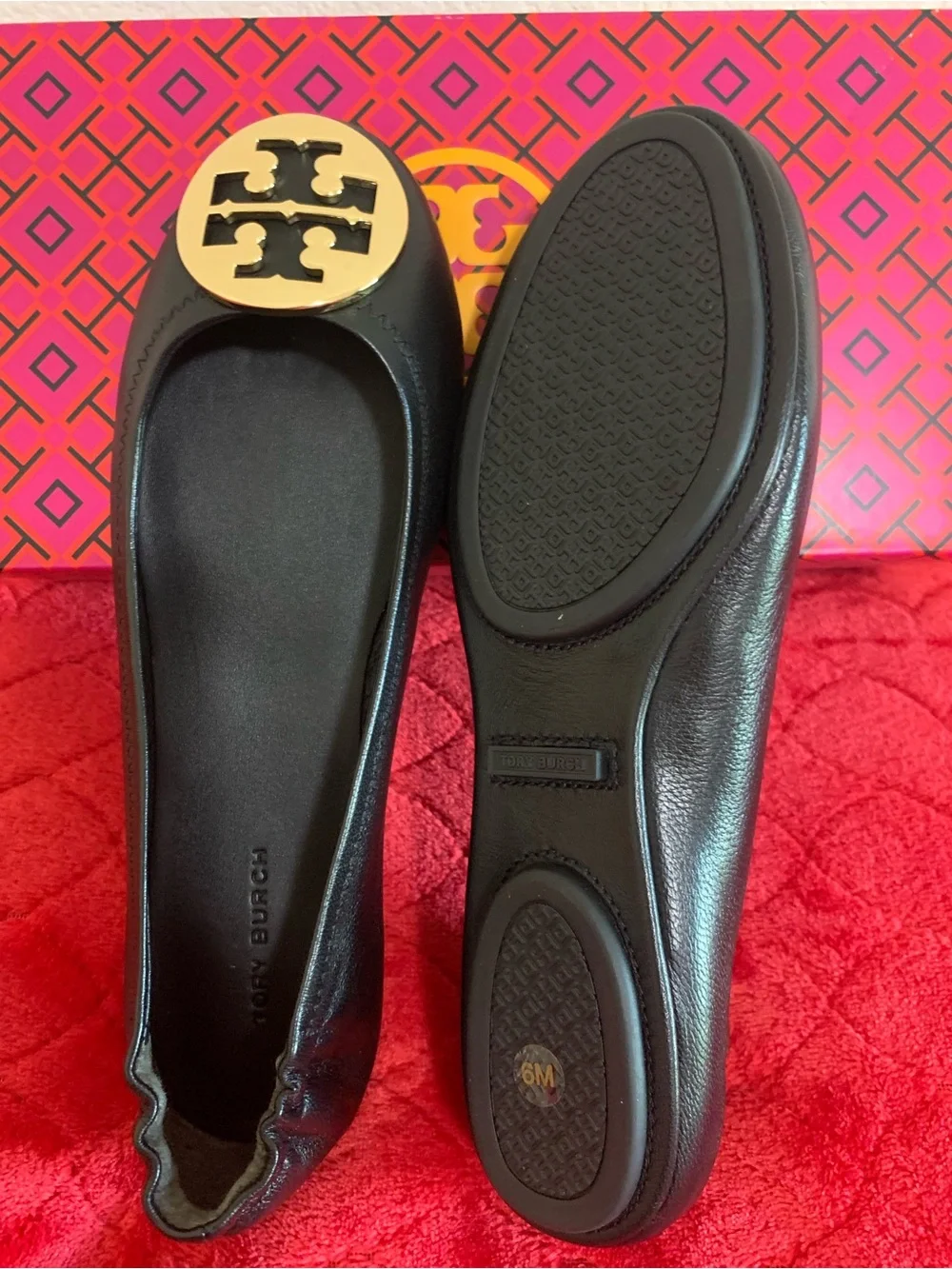 Tory Burch Black Leather Ballet Flats with Gold Logo Disc